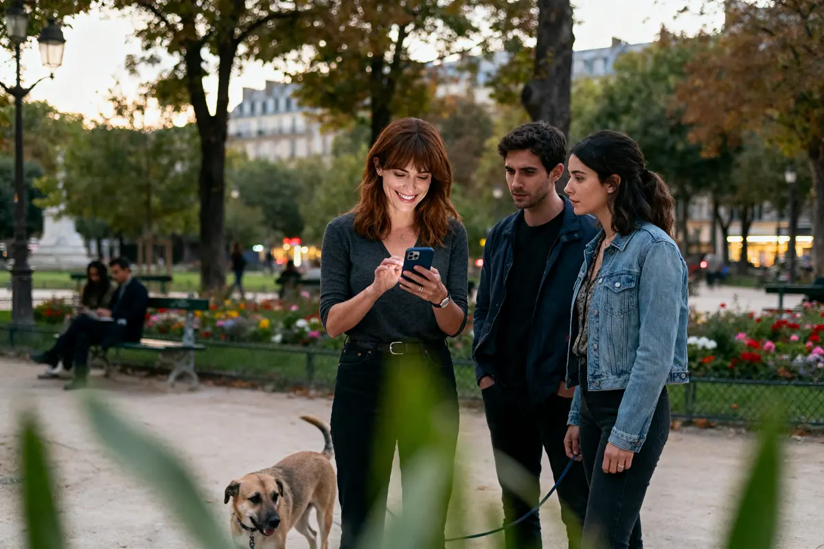 Une femme souriante montre son téléphone à deux personnes dans un parc, avec un chien.