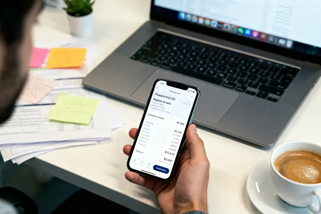 Une main tenant un smartphone affichant une application, devant un ordinateur portable et un café.