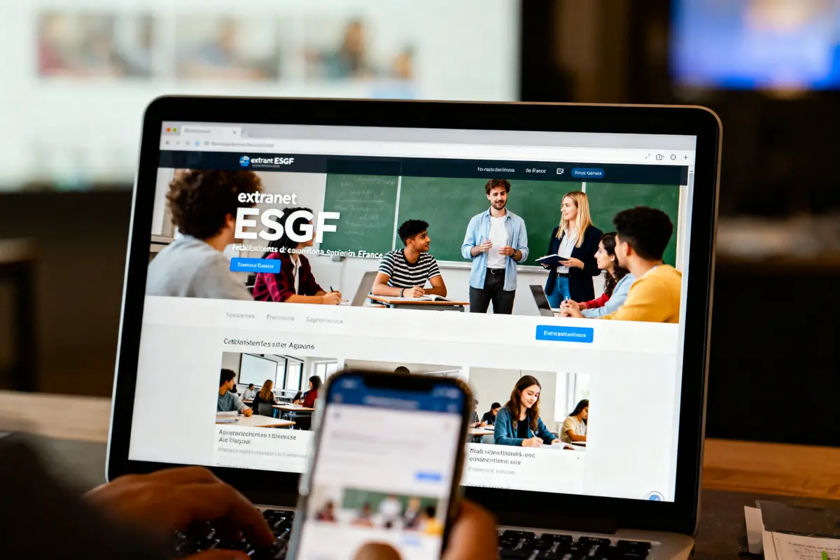 Ordinateur portable affichant le site web ESGF, utilisateur consultant via smartphone.