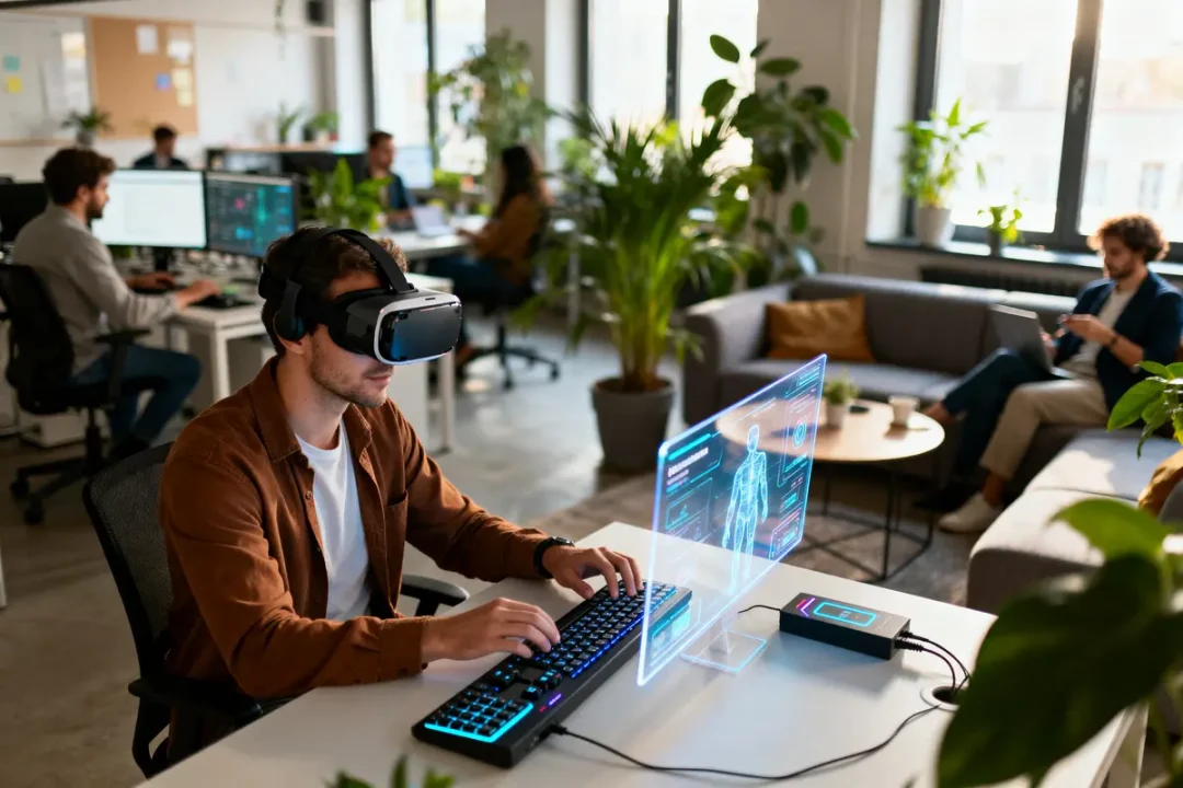 Personne portant un casque VR, travaillant sur un ordinateur avec écran holographique dans un bureau moderne.
