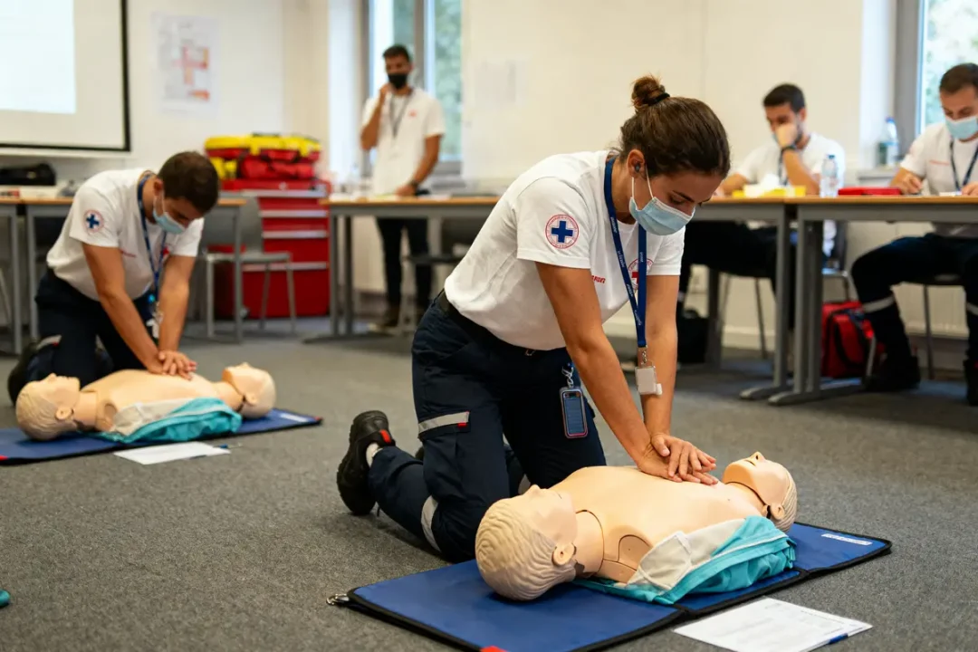Personnes effectuant un exercice de réanimation sur des mannequins lors d’une formation en salle.