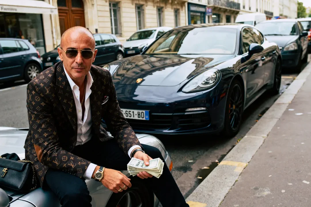Homme élégant assis sur une voiture, tenant des liasses de billets, Porsche en arrière-plan urbain.