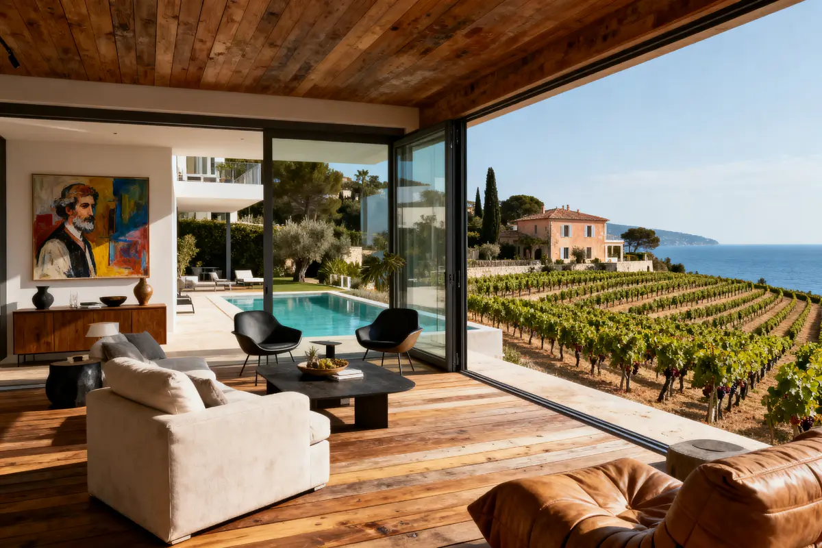 Intérieur moderne avec vue sur piscine, vignoble et mer. Décor chaleureux, tableau coloré. Salle lumineuse.