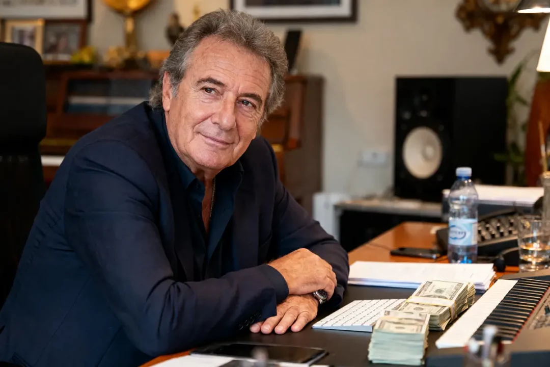 Homme assis à un bureau, devant ordinateur, billets et bouteille d'eau, dans un environnement de bureau.