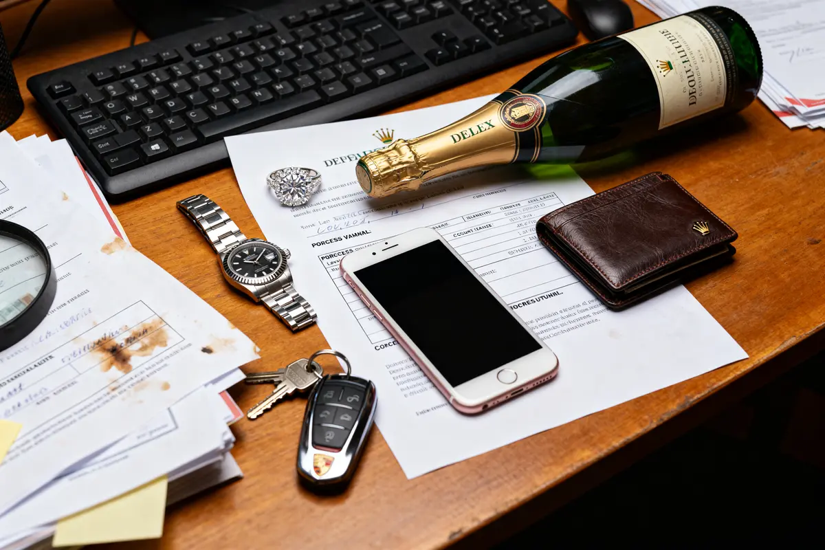 Un bureau avec des documents, champagne, montre, téléphone, portefeuille, clés et clavier. Environnement professionnel.
