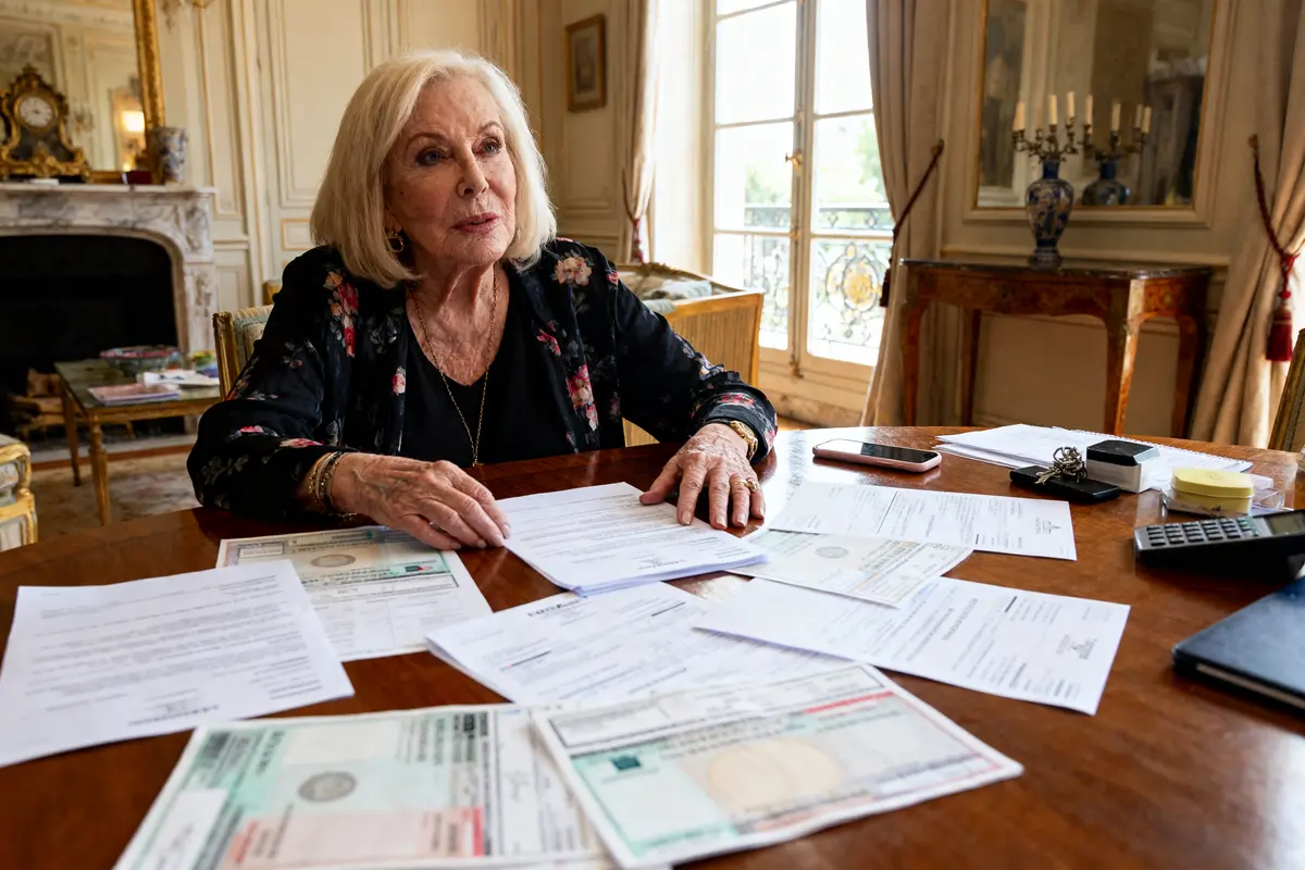 Vieille femme assise à un bureau avec des documents divers, dans une pièce élégante et lumineuse.