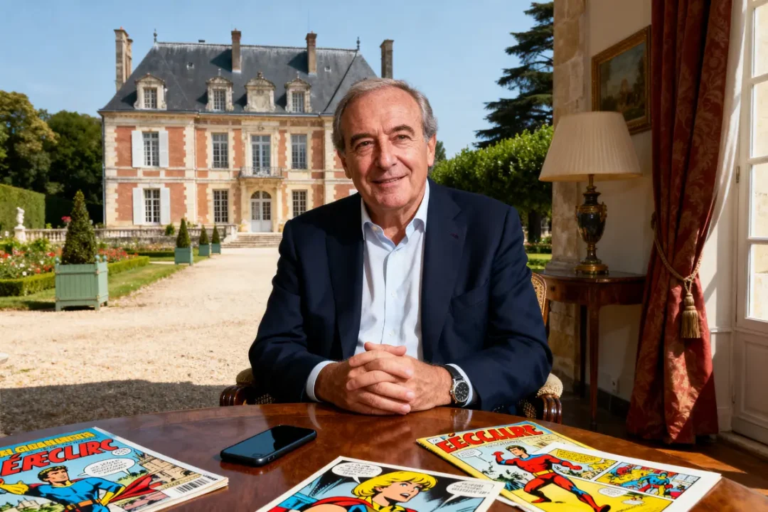 Homme souriant devant un château, assis avec bandes dessinées et téléphone sur la table.