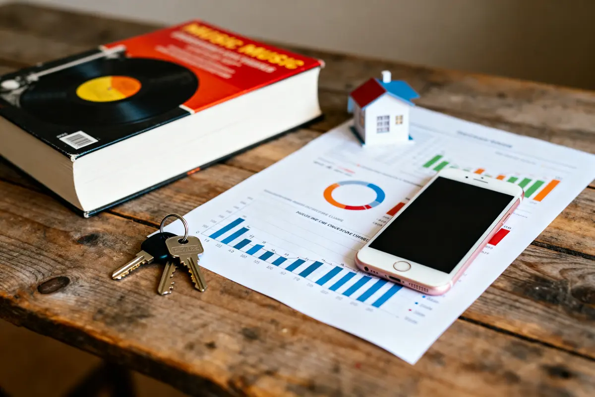Livre, clés, graphique, smartphone et modèle de maison sur une table en bois.