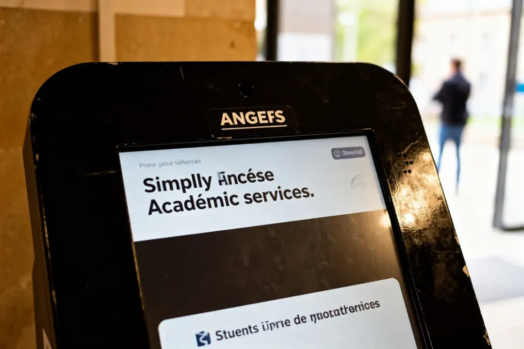 Écran noir affichant des services académiques avec texte mal orthographié, lumière naturelle en arrière-plan.