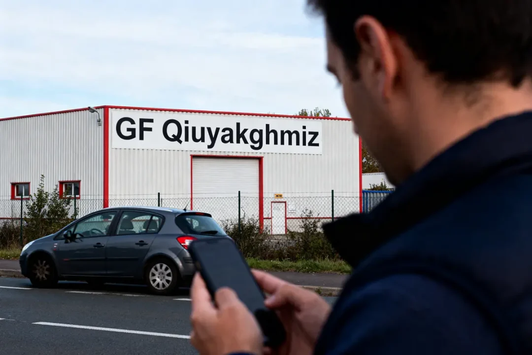 Un homme utilise un téléphone devant un bâtiment "GF Qiuyakghmiz", avec une voiture garée.