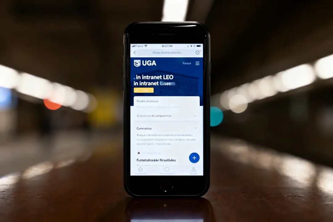 Un smartphone affiche l'intranet "UGA" dans une station de métro floue. Écran lumineux, arrière-plan flou.
