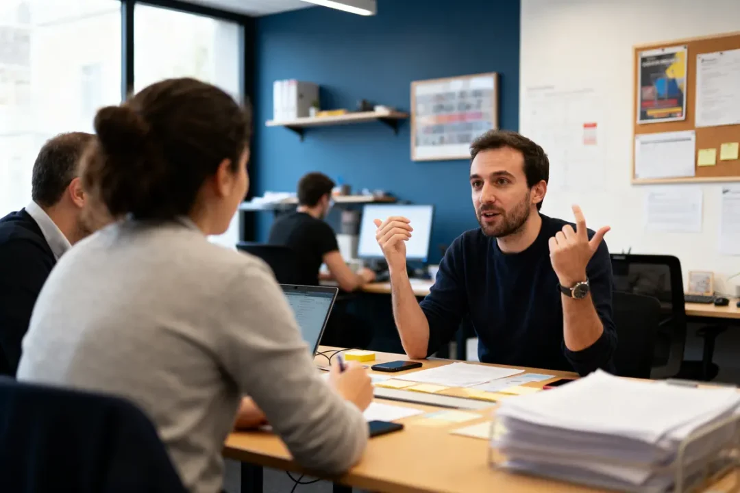 Personnes discutant dans un bureau, autour d'une table avec documents et ordinateurs. Ambiance professionnelle et collaborative.