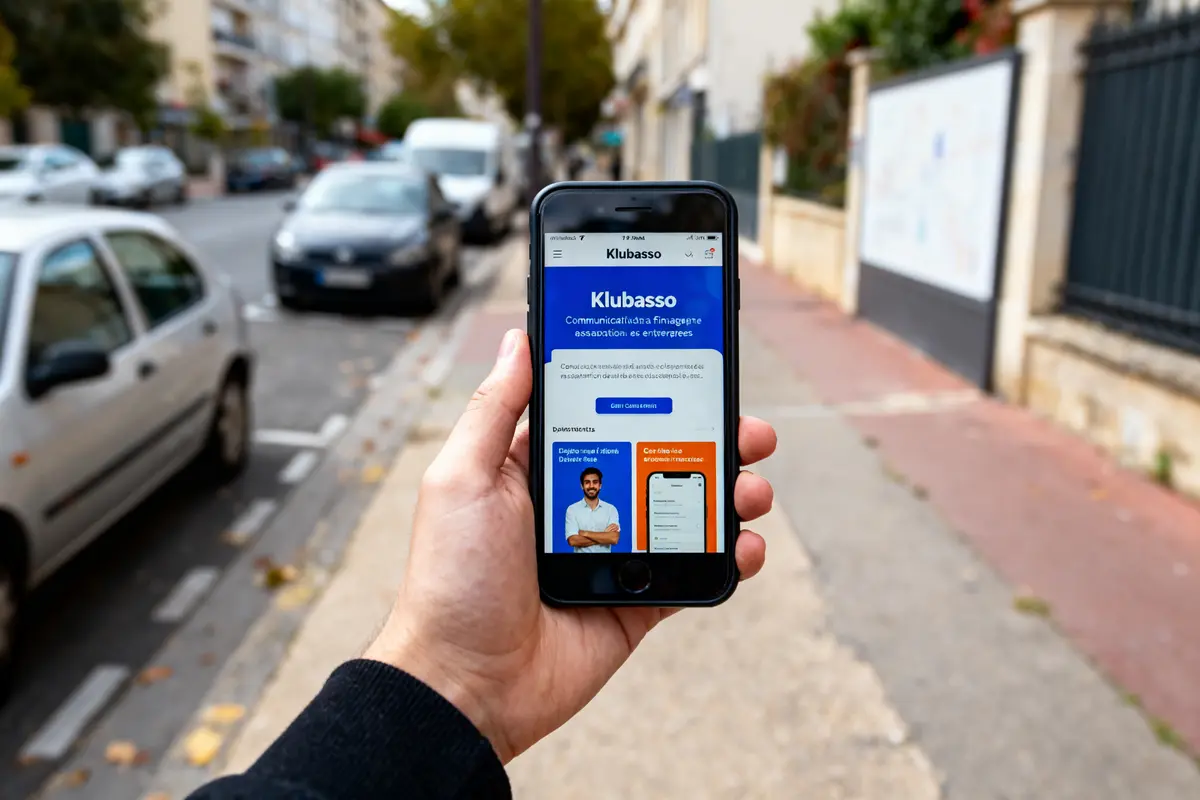 Main tenant un smartphone affichant le site Klubasso, trottoir avec voitures en arrière-plan.