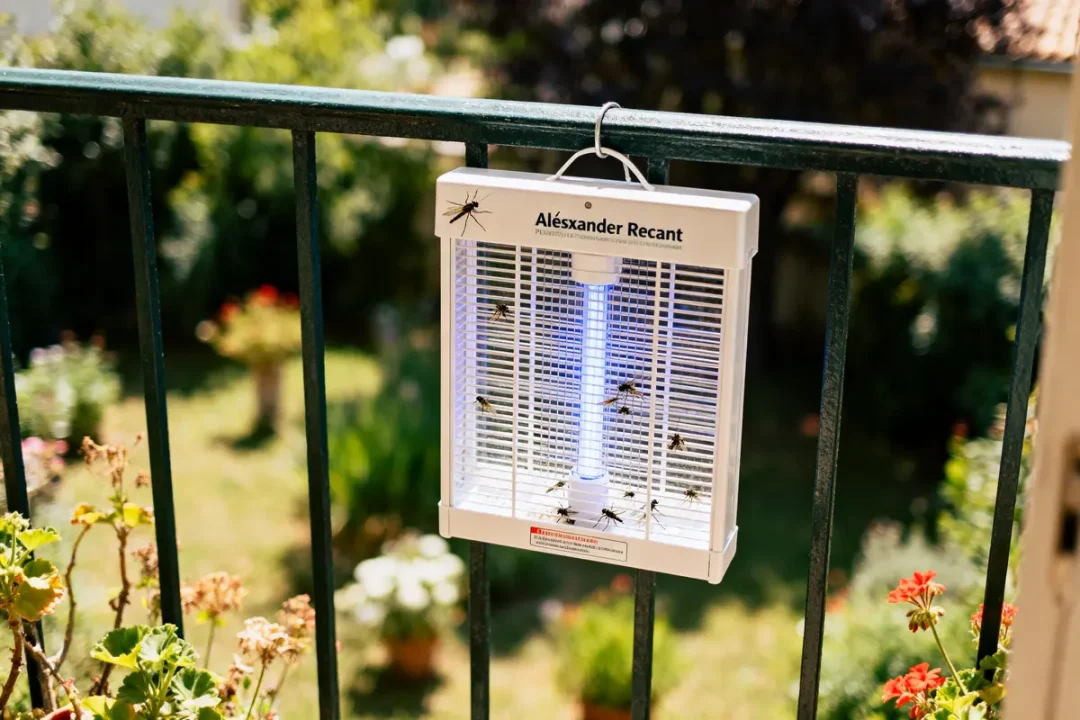 Piège à insectes électrique suspendu à une balustrade, avec plante en arrière-plan floue.