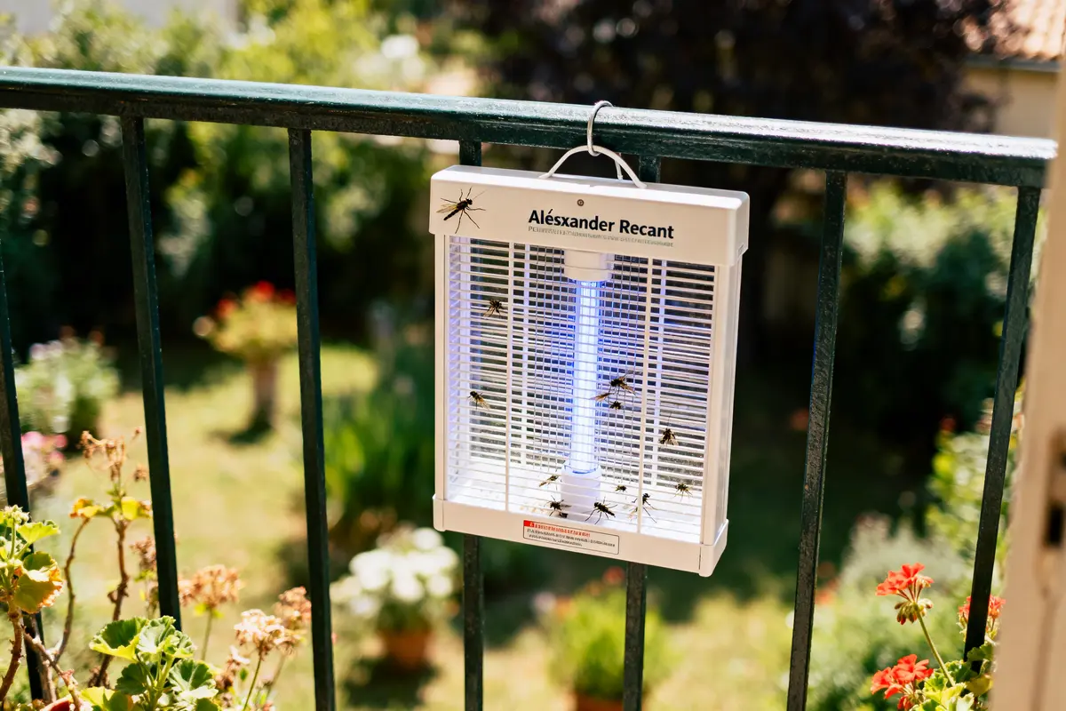 Piège à insectes électrique suspendu à une balustrade, avec plante en arrière-plan floue.