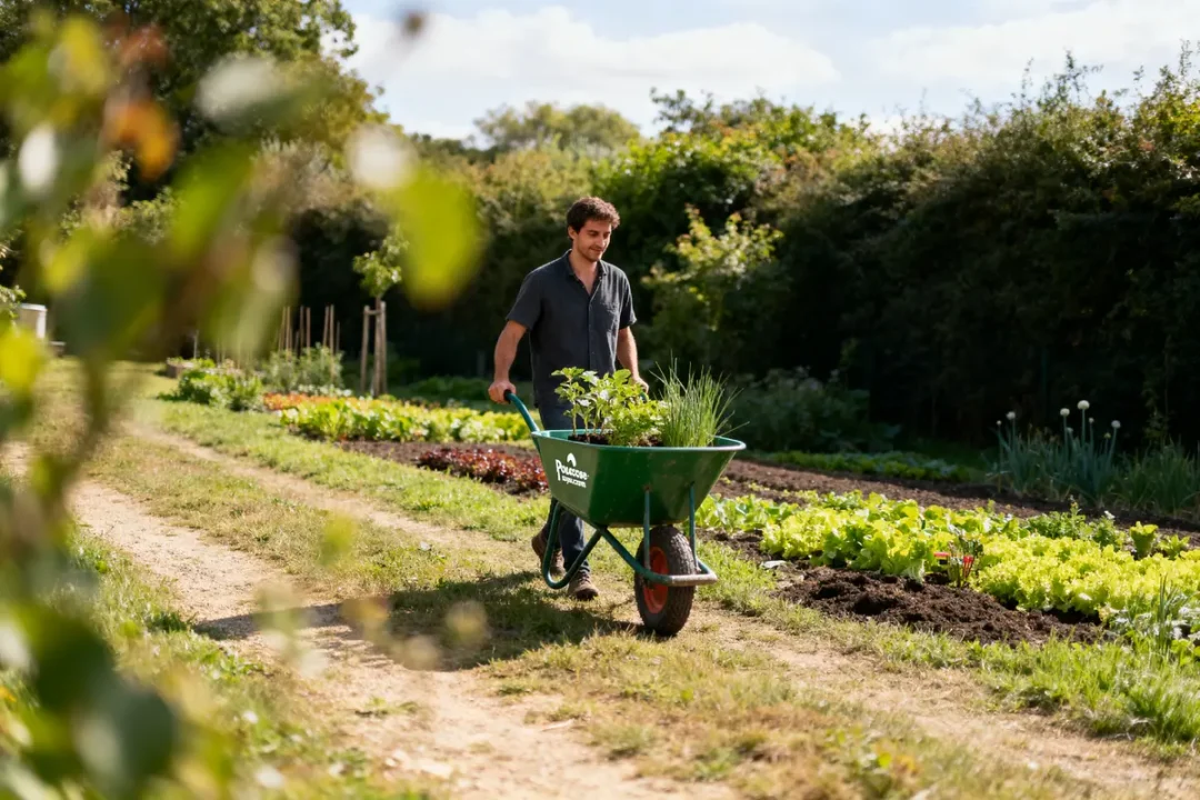 Homme poussant une brouette verte dans un jardin potager, entouré de plants et de nature.