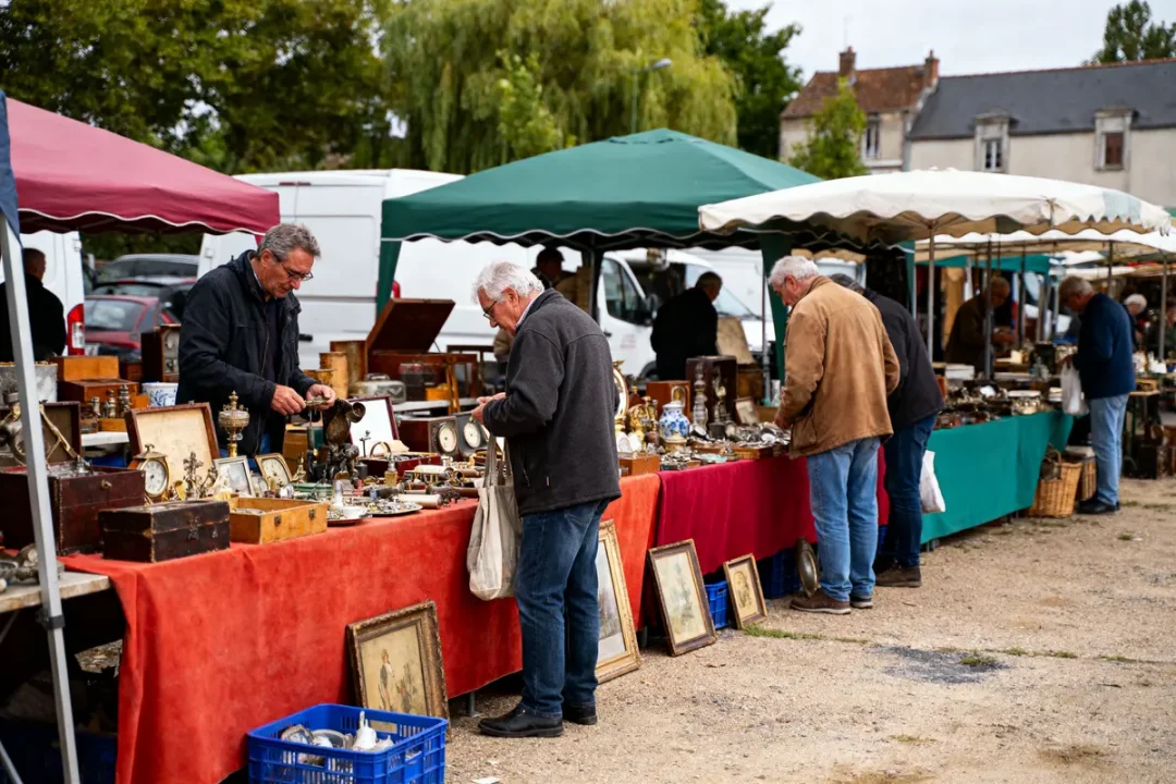 Marché en plein air avec étals d'antiquités et personnes examinant des objets sous des tentes colorées.