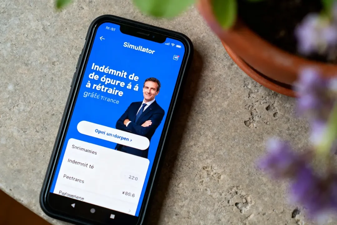 Smartphone affichant une application "Simulator" avec un homme en costume sur fond bleu, table en pierre.