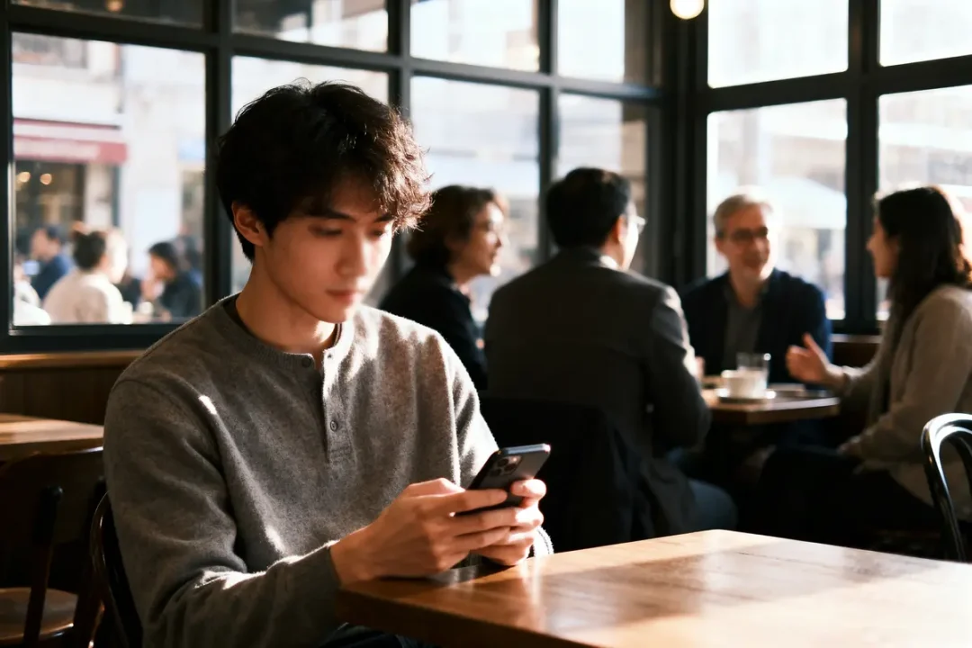 Jeune homme utilisant un smartphone seul dans un café animé, avec des gens discutant en arrière-plan.