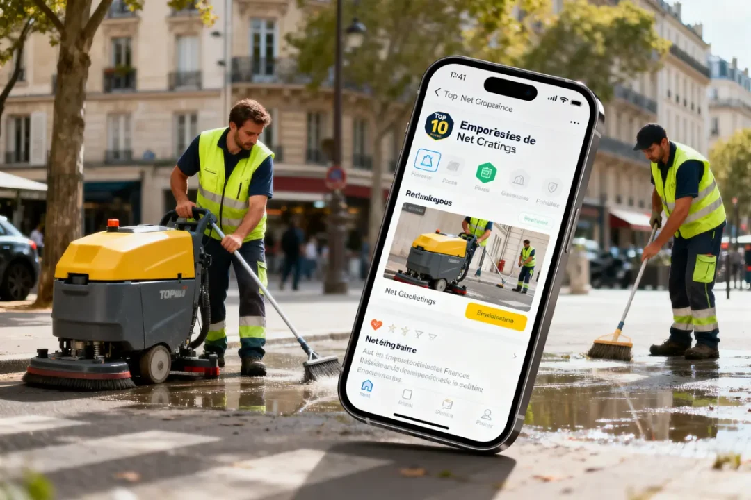 Deux agents de nettoyage travaillent dans la rue, application mobile affichée au premier plan.