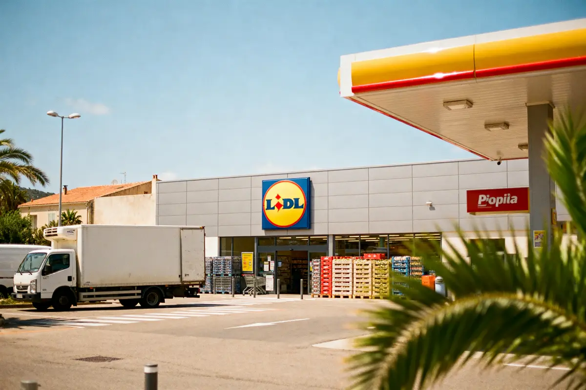Façade du magasin Lidl en Corse avec camions et palettes colorées devant l'entrée