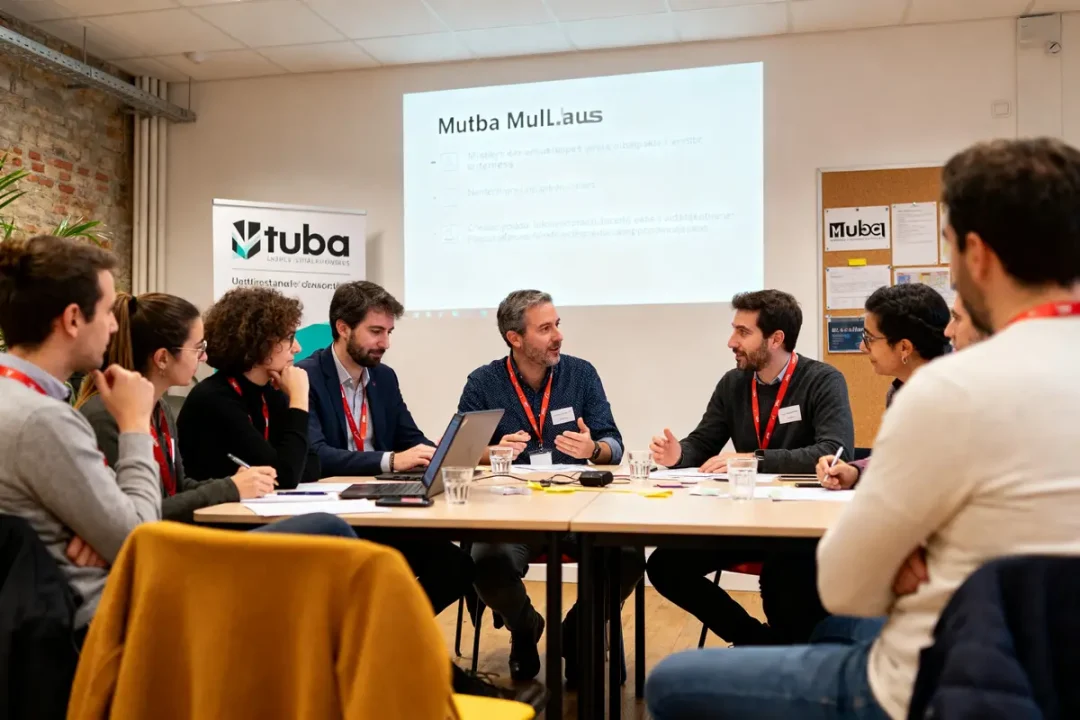 Réunion de travail collaborative à Tuba Mulhouse avec présentation sur écran et discussions actives