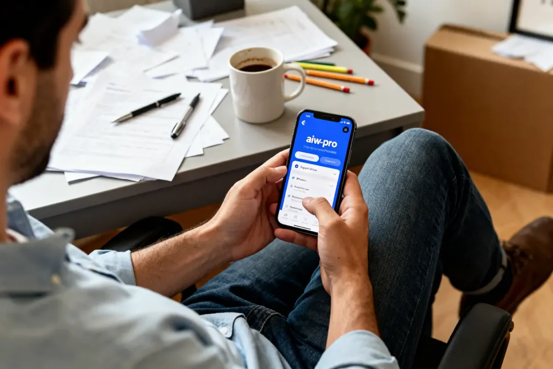 Homme utilisant l'application aiw-pro sur smartphone devant un bureau encombré de papiers et café