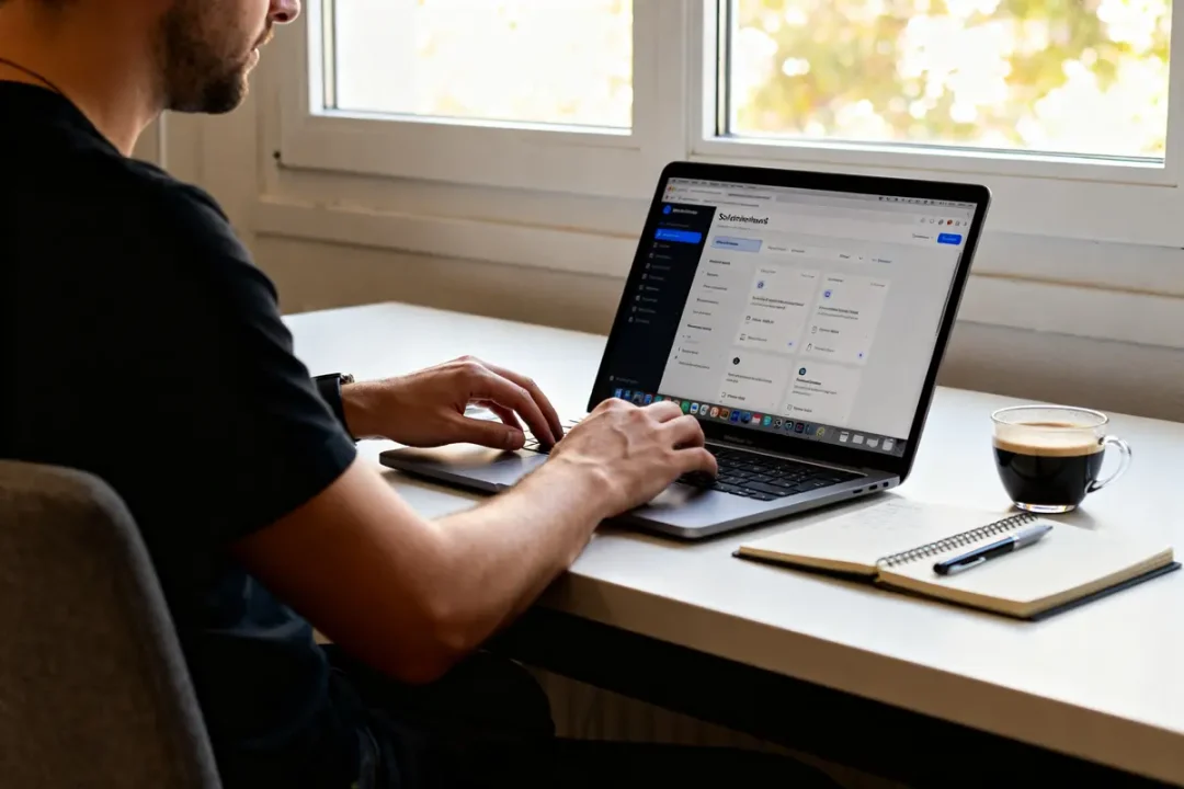 Utilisateur travaillant sur ordinateur portable aiw-pro entreprise avec café et cahier nearby