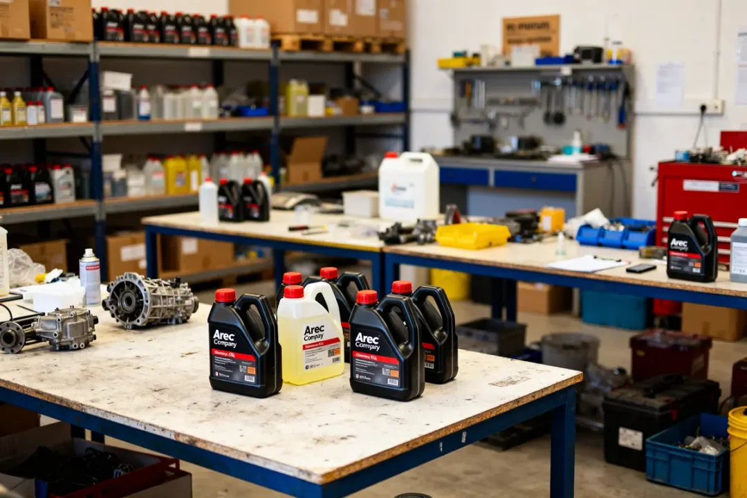 Produits d'entretien Areca Company dans un atelier mécanique sur des tables de travail