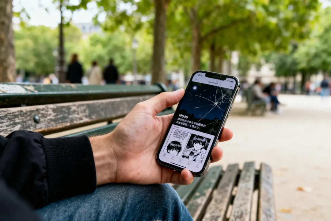 Main tenant un smartphone affichant un manga batptp sur un banc extérieur ensoleillé