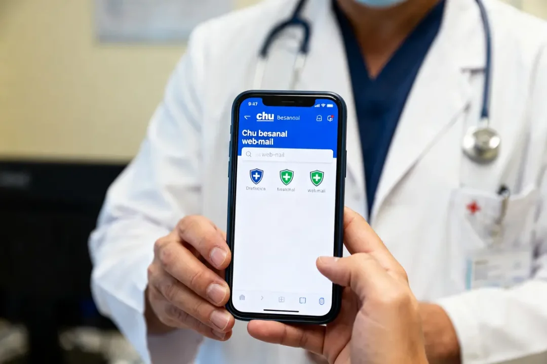 Un médecin montre l'accès sur smartphone au chu besancon webmail pour professionnels de santé