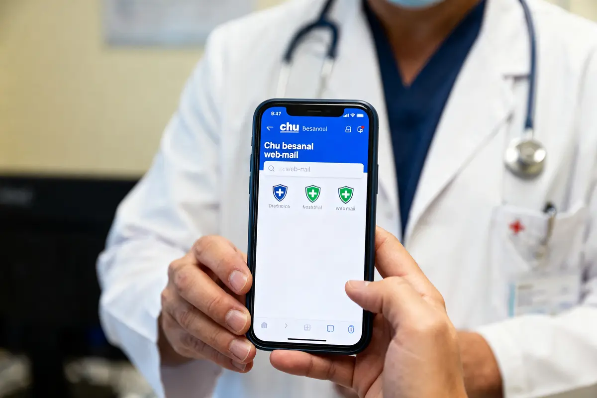 Un médecin montre l'accès sur smartphone au chu besancon webmail pour professionnels de santé