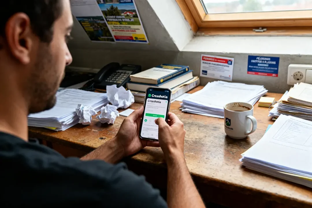 Un homme consulte creashot.ia sur son téléphone dans un bureau encombré de documents