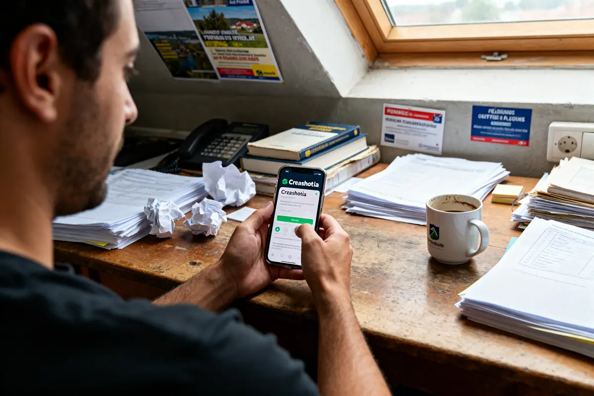 Un homme consulte creashot.ia sur son téléphone dans un bureau encombré de documents
