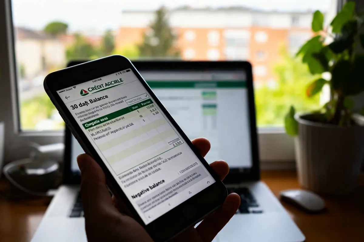 Téléphone affichant découvert Crédit Agricole 30 jours devant un ordinateur et une fenêtre