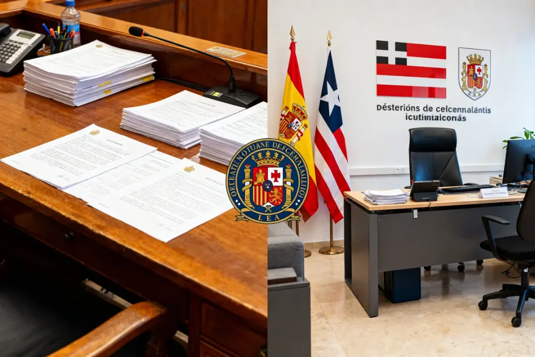 Bureau avec documents officiels, drapeaux et logo, illustrant la différence entre crédit mutuel et crédit mutuel arkéa
