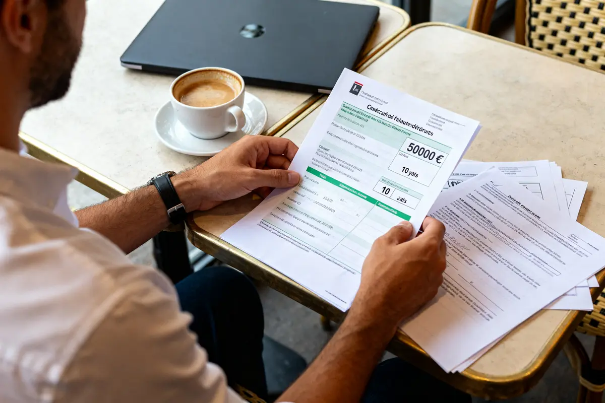 Homme consultant document financier pour emprunter 50000 euros sur 10 ans dans un café fauteuil