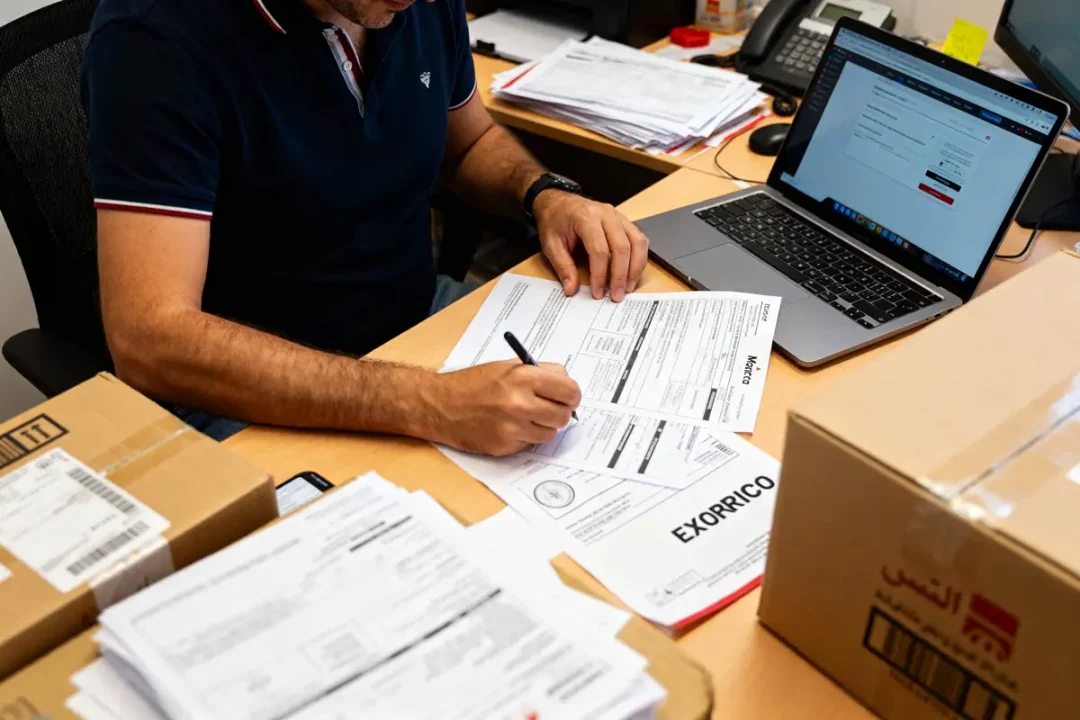 Personne remplissant des formulaires d'export online France avis avec ordinateur portable sur bureau