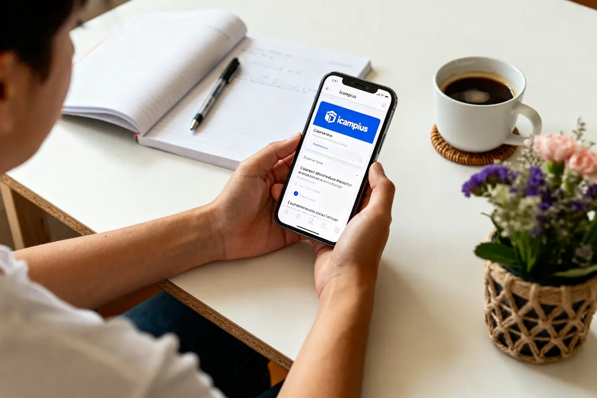 Personne utilisant l'application mobile iCampus sur smartphone près d'un cahier et café