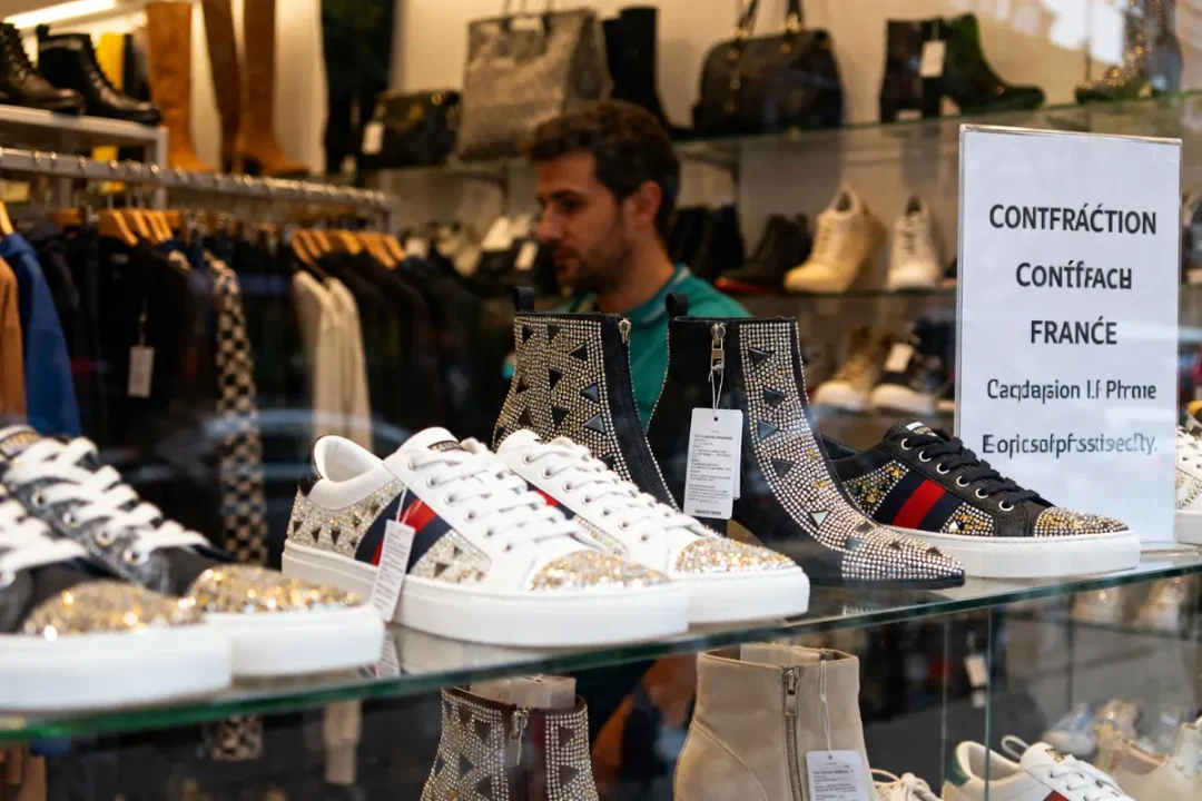 Homme dans la boutique officielle contrefaçon, chaussures et sacs luxueux en vitrine d’exposition
