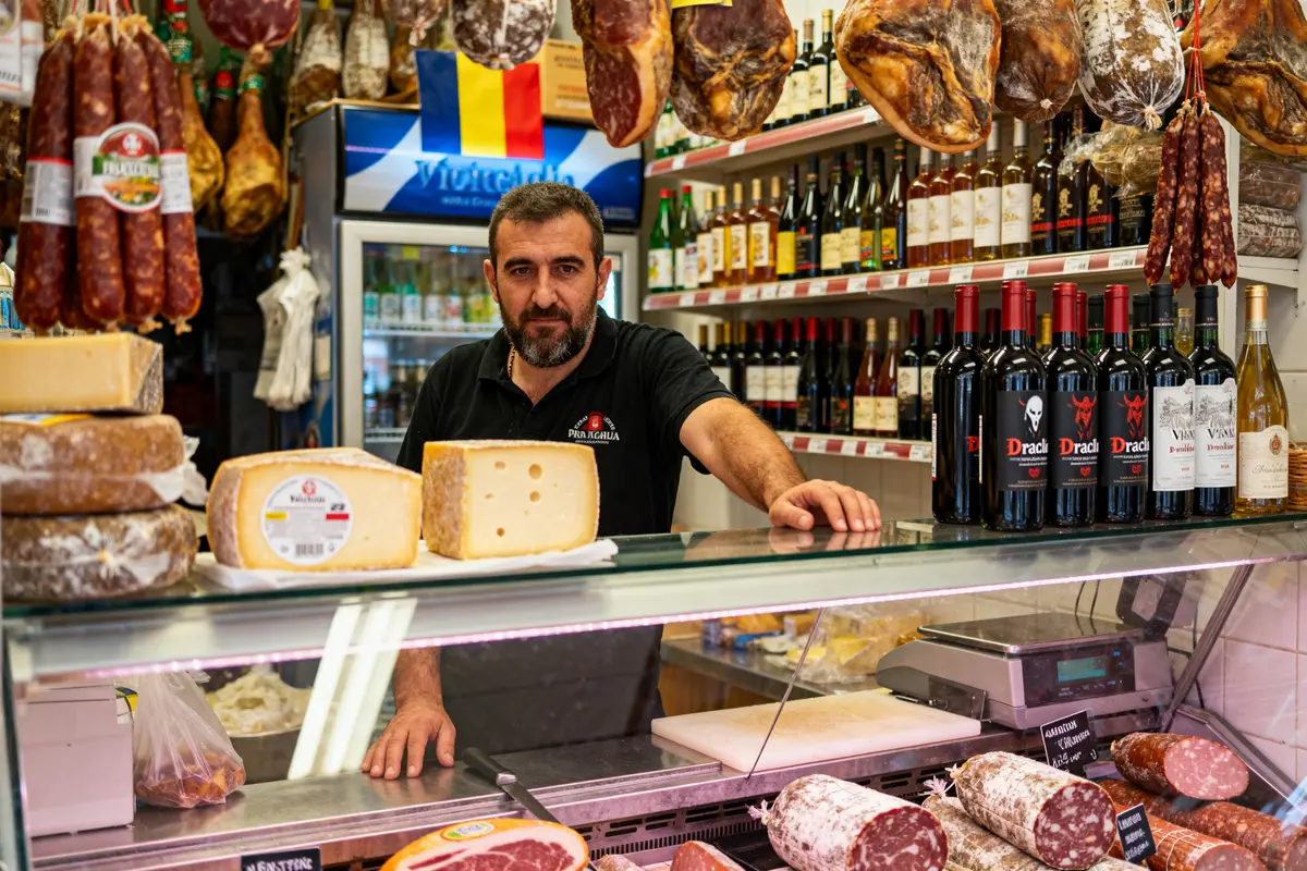 Vendeur derrière comptoir avec charcuterie, fromages et vins dans un magasin roumain.
