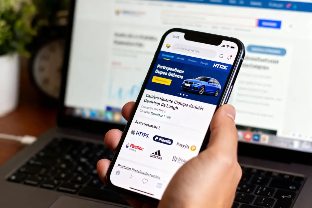 Personne consultant site de commerce automobile sur smartphone pour minopia avis devant ordinateur portable