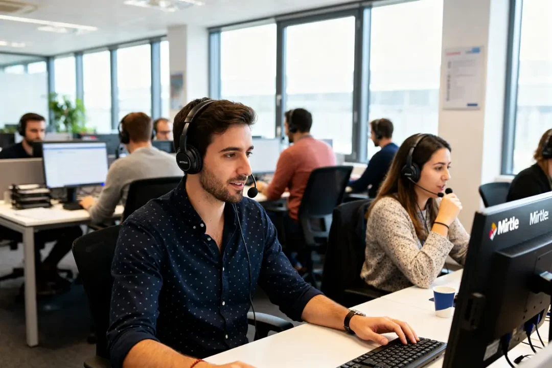 Personnel de centre d'appels chez Miratel Communication travaillant dans un bureau moderne et équipé.