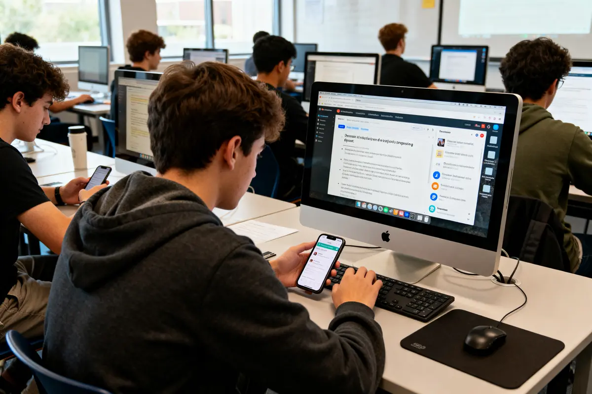 Étudiants utilisant moodle ec lyon sur ordinateurs dans une salle de classe informatique