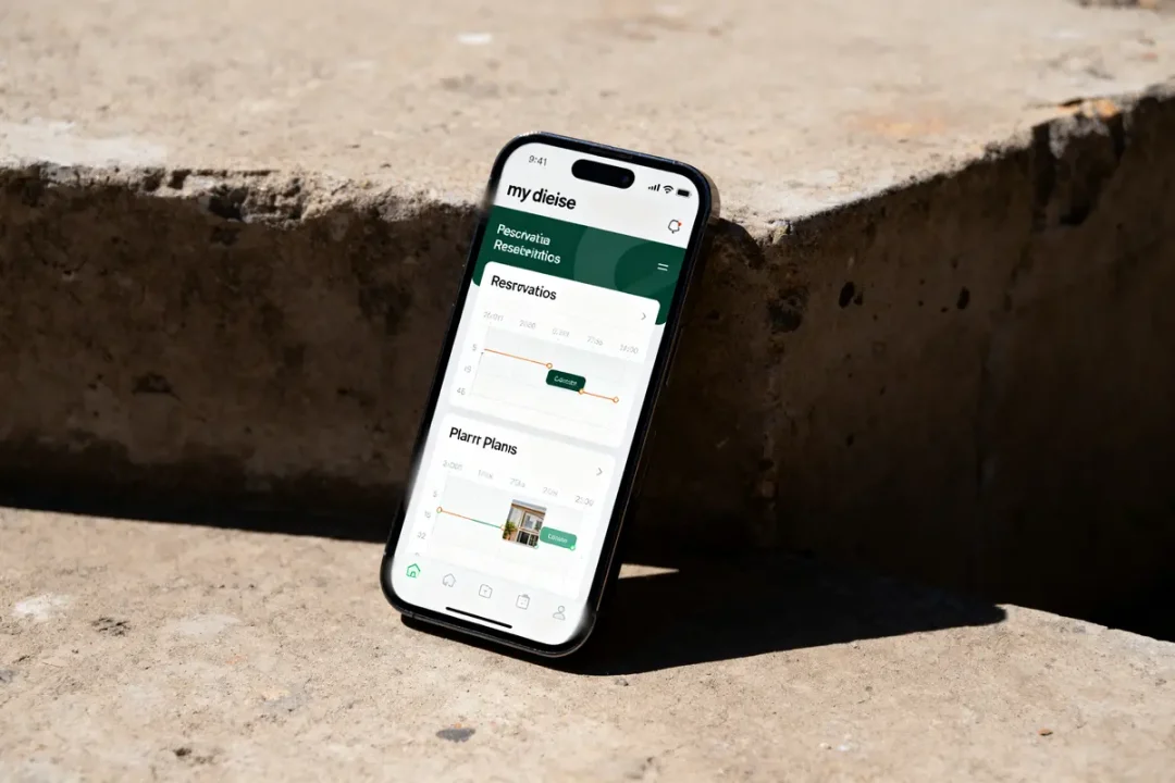 Smartphone affichant l'application de gestion de réservations my diese en usage extérieur sur sol béton