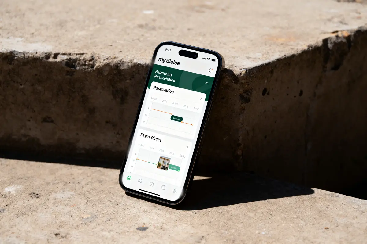 Smartphone affichant l'application de gestion de réservations my diese en usage extérieur sur sol béton