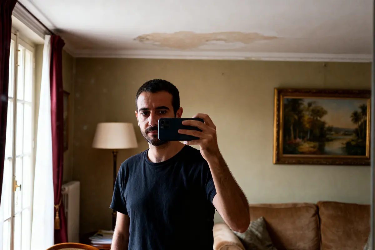 Un homme prend un selfie devant un plafond non utilisé pour les revenus exemple