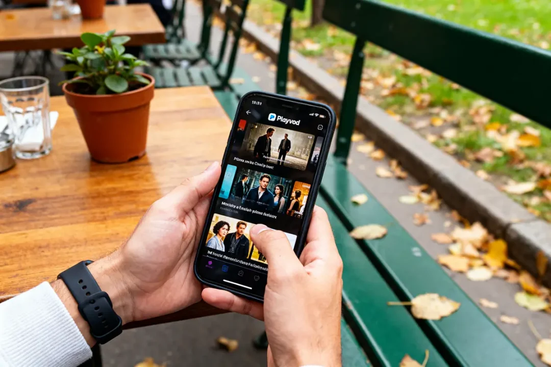 Personne utilisant Playvod c'est quoi sur smartphone dans un café en extérieur automnal