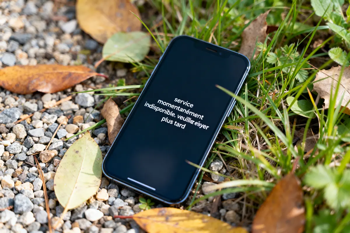 Smartphone dans l’herbe affichant service momentanément indisponible. Veuillez réessayer plus tard.