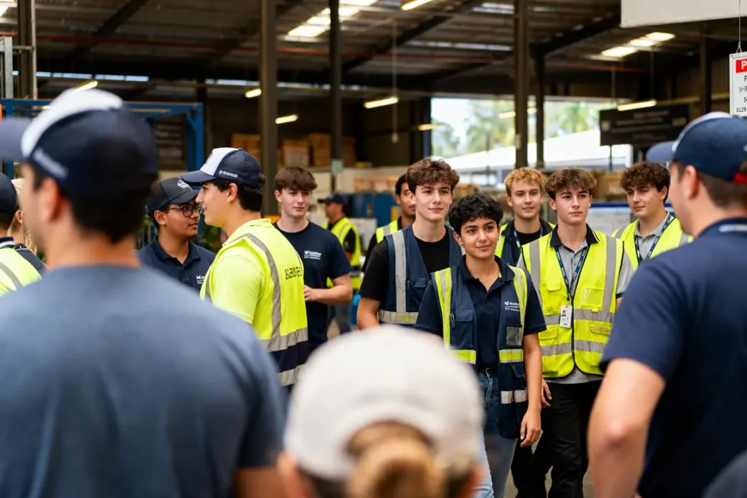 Groupe de jeunes en chasubles dans un entrepôt discutant du smic Australie 2025